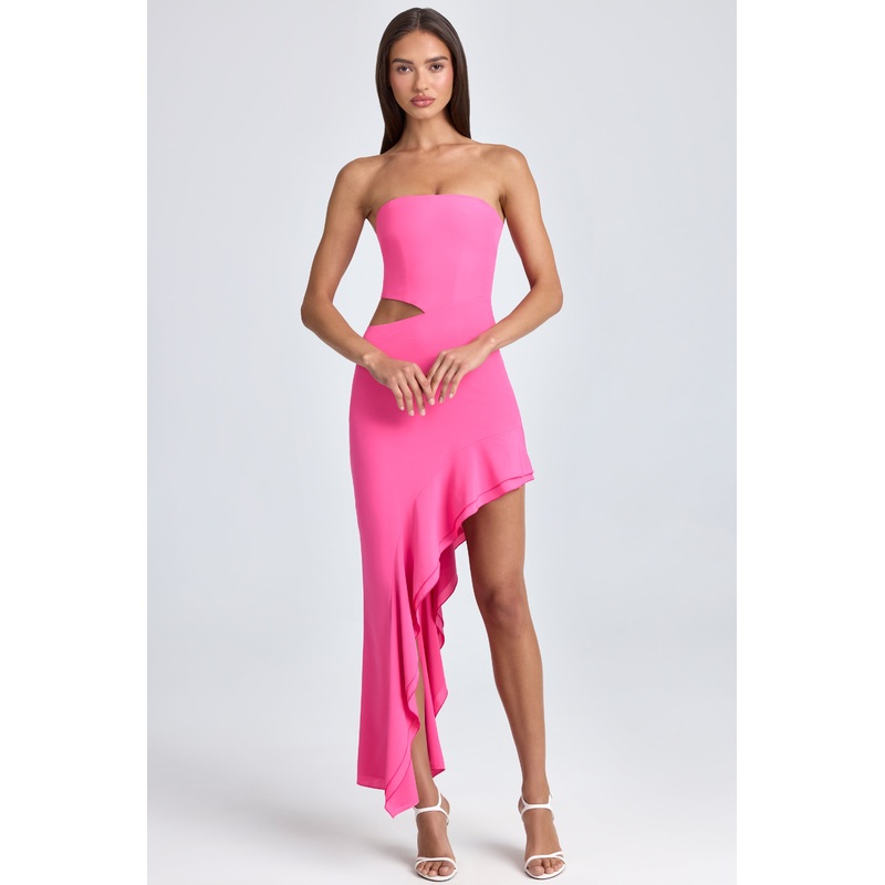 Bandeau Cut-Out Ruffle-Trim Maxi Dress in Lollipop Pink