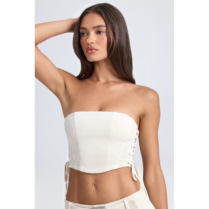 Bandeau Lace-Up Corset Crop Top in Ecru