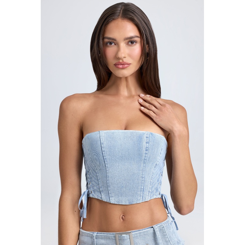 Bandeau Lace-Up Corset Crop Top in Light Blue Stonewash