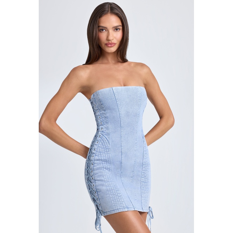 Bandeau Lace-Up Mini Dress in Light Blue Stonewash