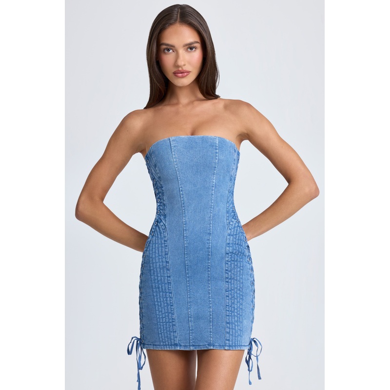 Bandeau Lace-Up Mini Dress in Mid Blue Stonewash