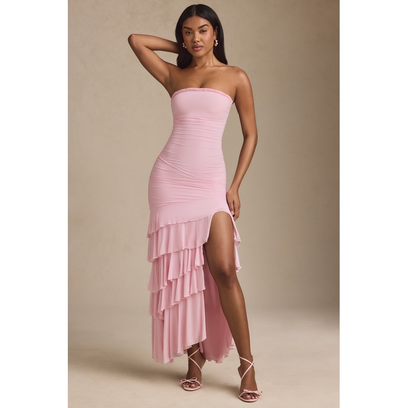 Bandeau Ruched Ruffle-Trim Maxi Dress in Blush