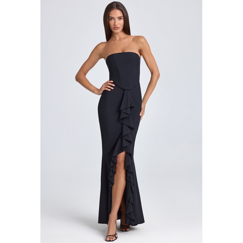 Bandeau Ruffle-Trim Corset Gown in Black