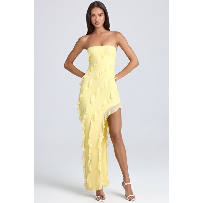 Bandeau Ruffle-Trim Maxi Dress in Lemon Sherbet
