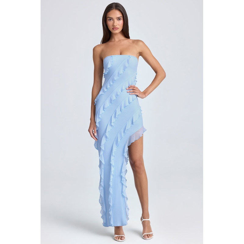 Bandeau Ruffle-Trim Maxi Dress in Powder Blue