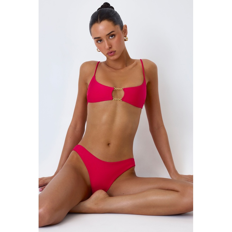 Chain-Embellished Cut-Out Bikini Top in Raspberry Pink