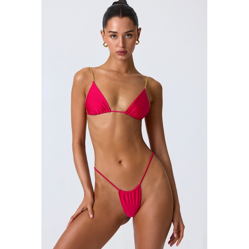 Chain-Embellished Triangle Bikini Top in Raspberry Pink