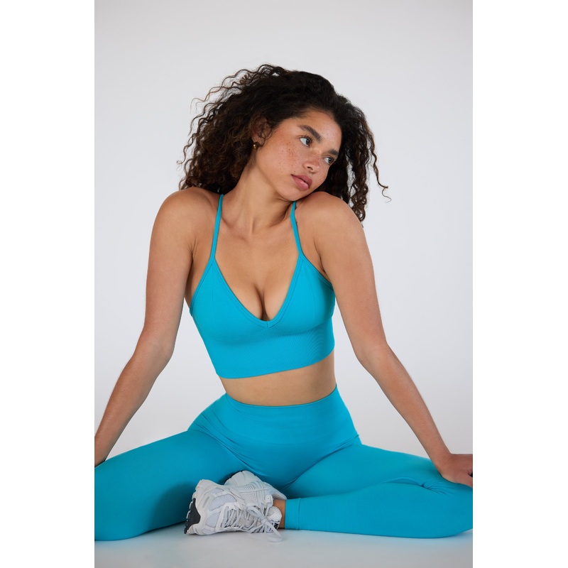 Define Luxe V-Neck Sports Bra in Turquoise Blue