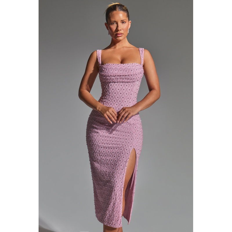 Embellished Cowl-Neck Midaxi Dress in Mauve