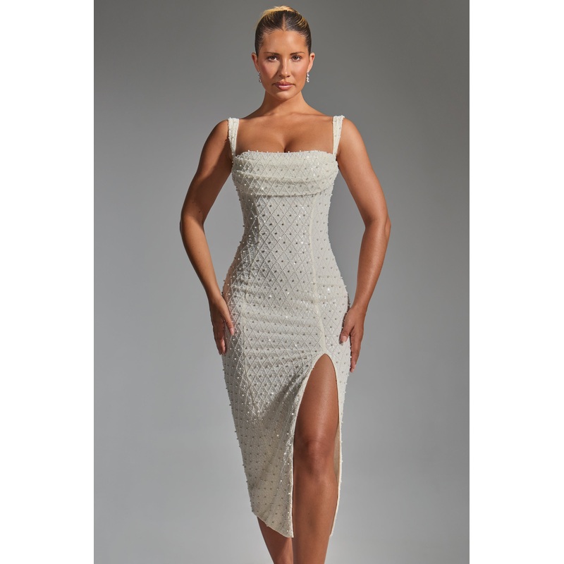 Embellished Cowl-Neck Midaxi Dress in White