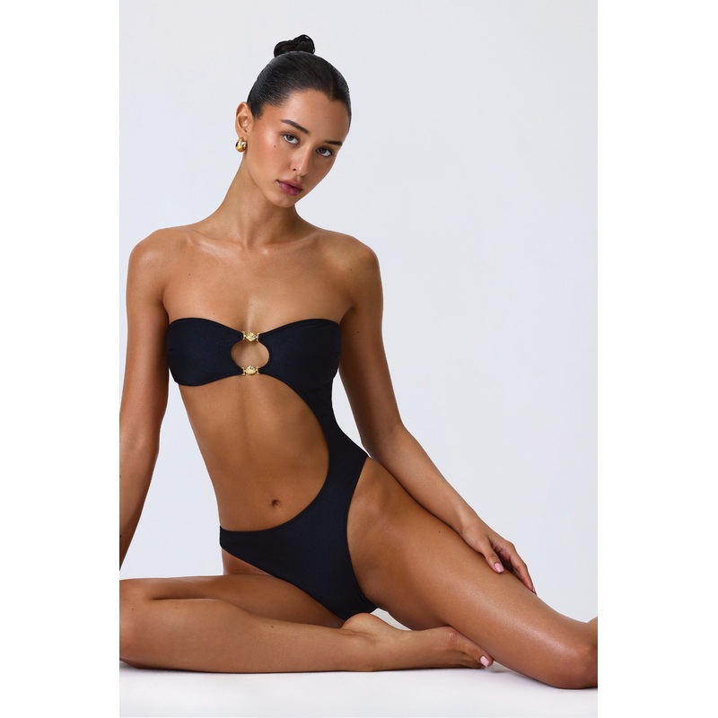 Embellished Cut-Out Bandeau Swimsuit in Black
