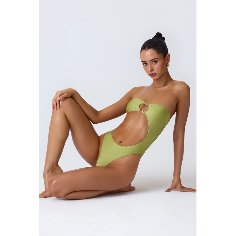 Embellished Cut-Out Bandeau Swimsuit in Pear Green