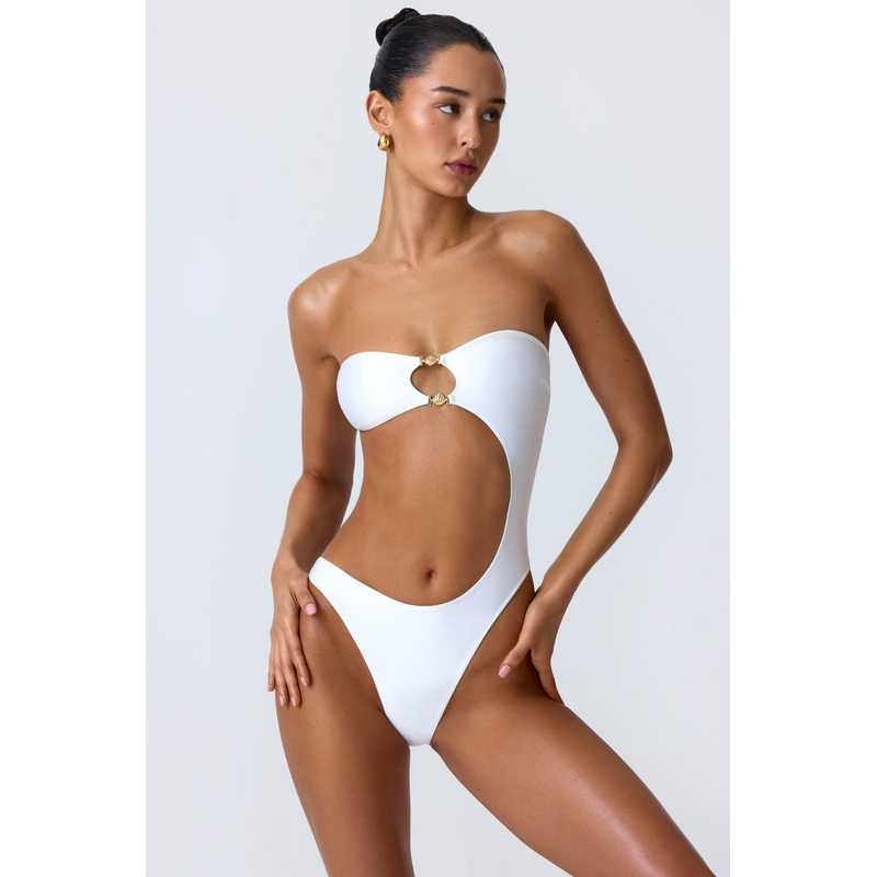 Embellished Cut-Out Bandeau Swimsuit in White