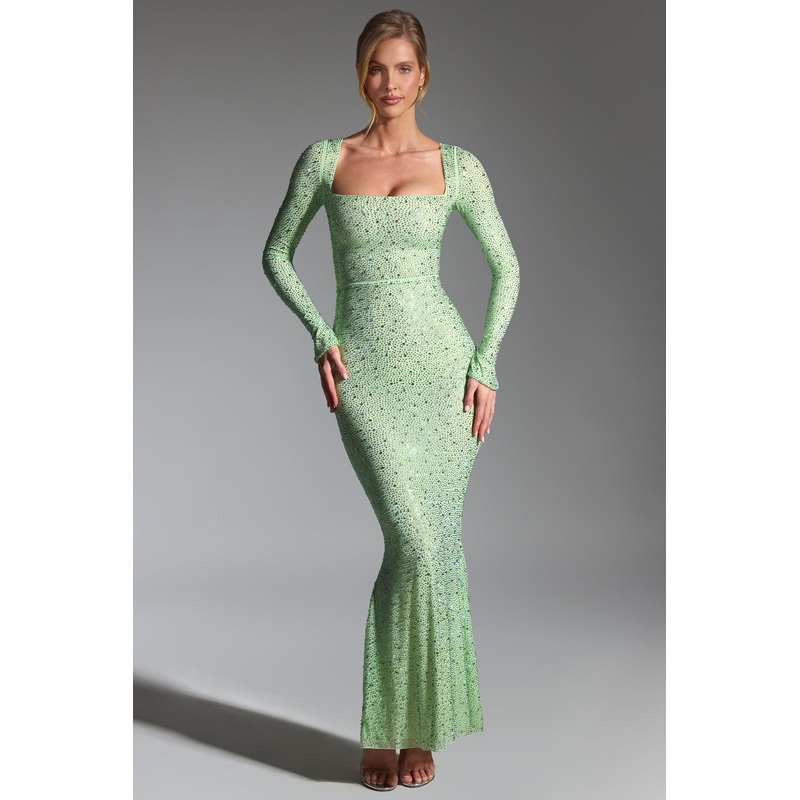 Embellished Fishtail Maxi Dress in Pistachio