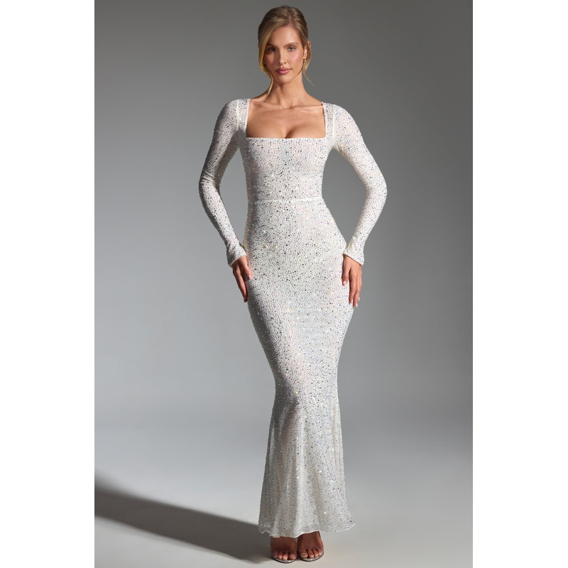 Embellished Fishtail Maxi Dress in White