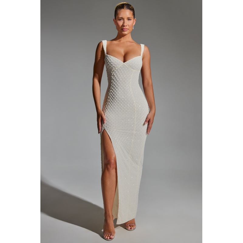 Embellished Open-Back Maxi Dress in White