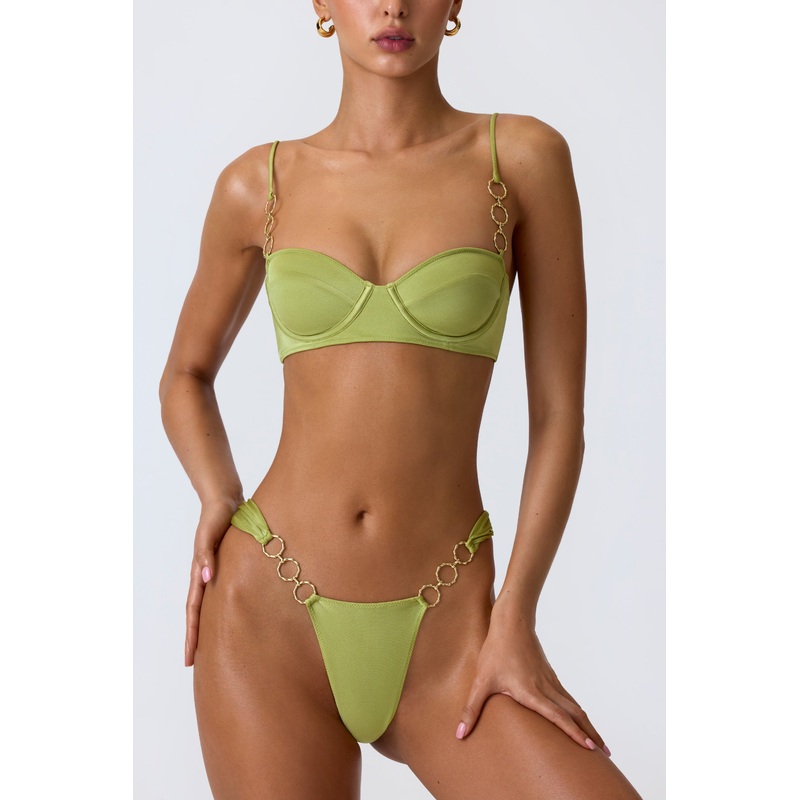 Embellished Wide Strap Cheeky Bikini Bottoms in Pear Green