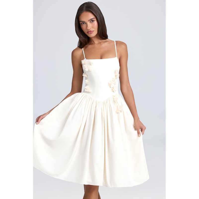 Floral-Appliqu Midi Dress in Ivory