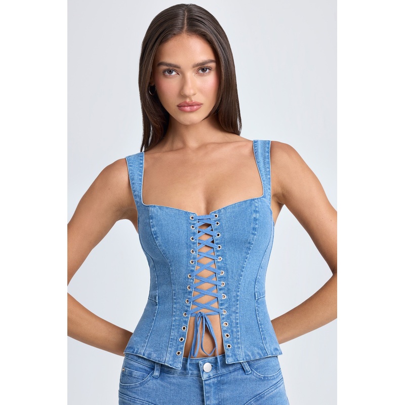 Lace-Up Corset Top in Mid Blue Stonewash