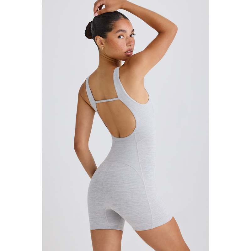Soft Active Open-Back Unitard in Grey Marl