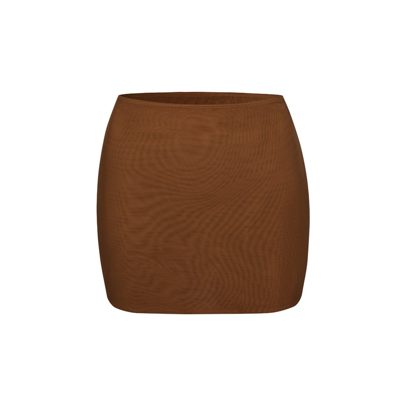 Soft Mesh Low-Rise Micro Mini Slip Skirt in Chestnut