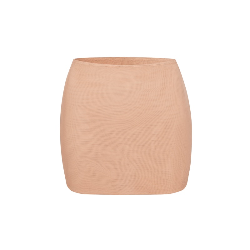 Soft Mesh Low-Rise Micro Mini Slip Skirt in Warm Peach