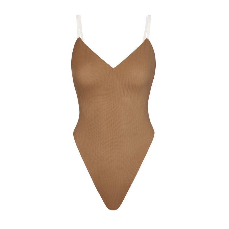 Soft Mesh V-Neck Bodysuit in Almond