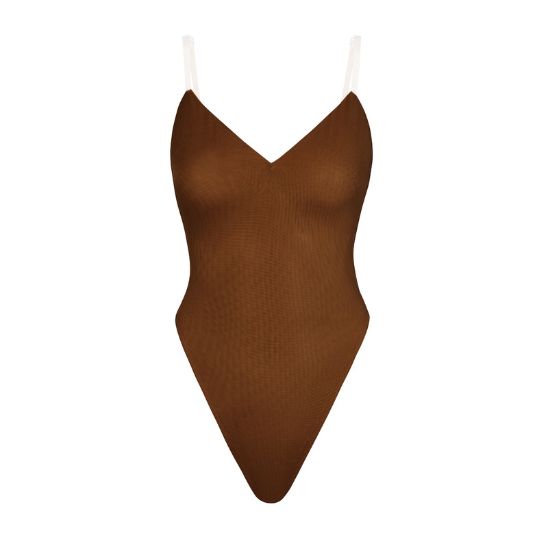 Soft Mesh V-Neck Bodysuit in Chestnut