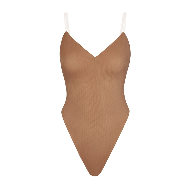 Soft Mesh V-Neck Bodysuit in Honey