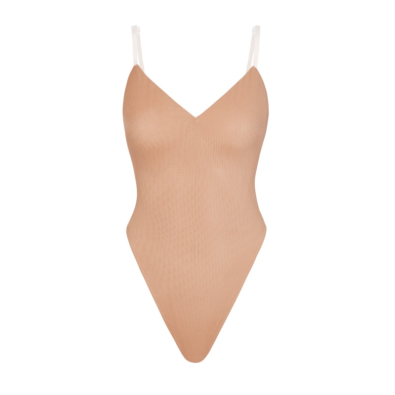 Soft Mesh V-Neck Bodysuit in Warm Peach