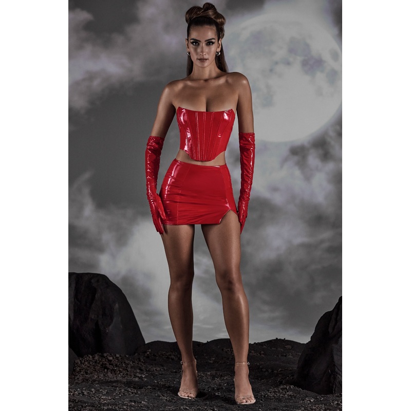 Vinyl Thigh Split Micro Mini Skirt in Red