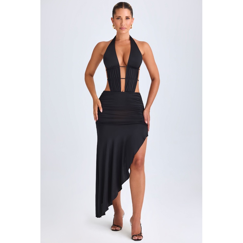 Asymmetric Cut-Out Halterneck Midaxi Dress in Black