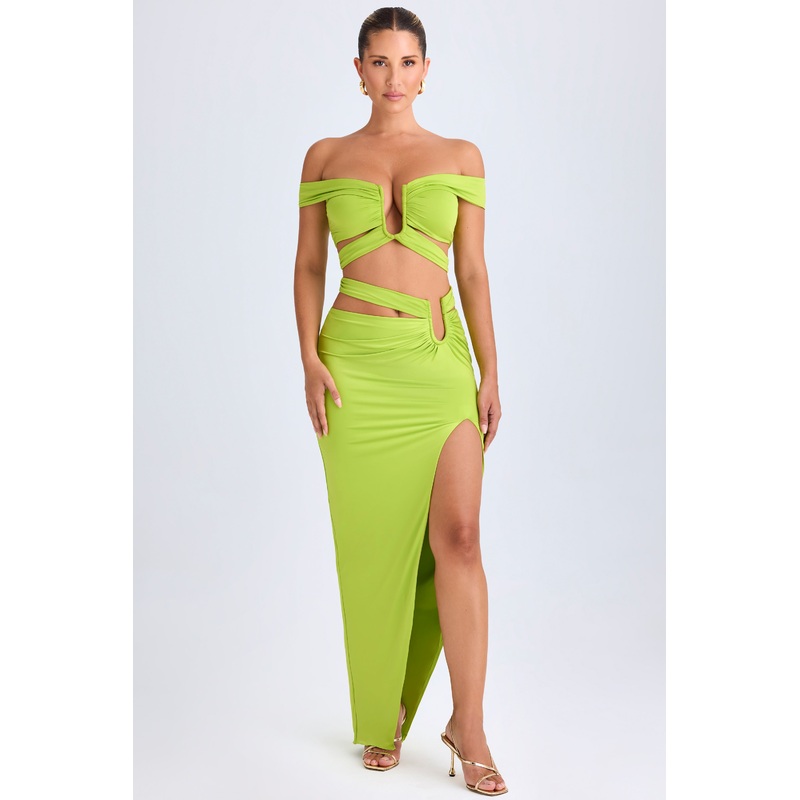 Asymmetric Cut-Out Maxi Skirt in Lime Green