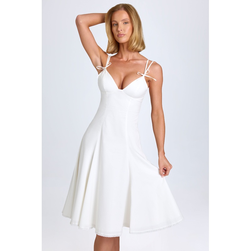 Bow-Detail Lace-Trim A-Line Midi Dress in White