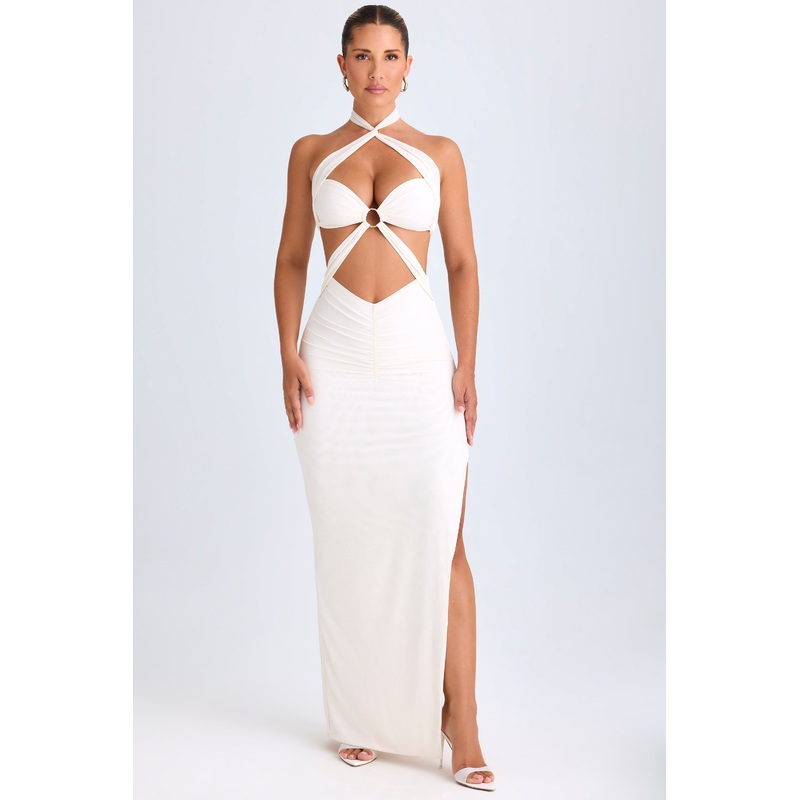 Cut-Out Ruched Halterneck Maxi Dress in White