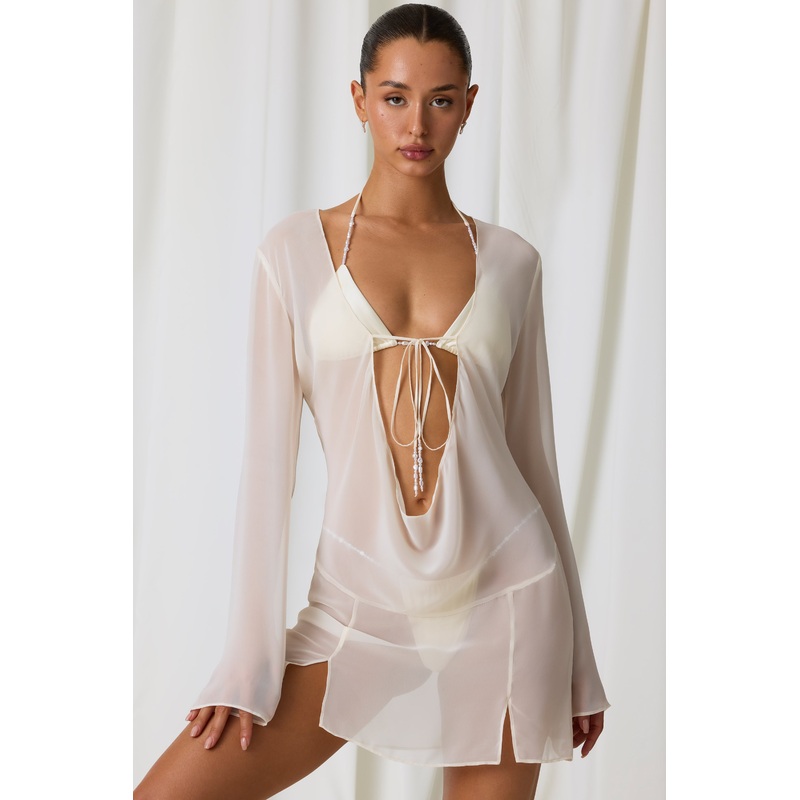 Pearl-Detail Cowl-Neck Micro Mini Dress in Pearl White