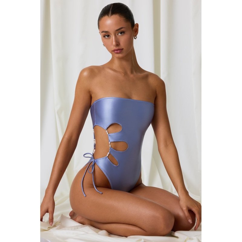 Pearl-Detail Cut-Out Bandeau Swimsuit in Lavender Purple