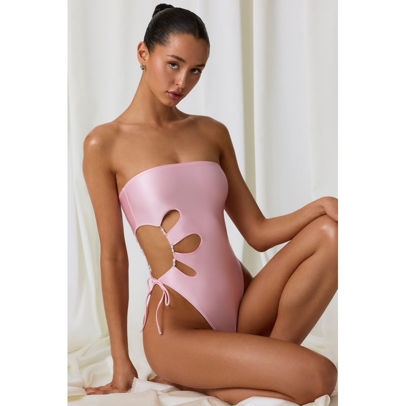 Pearl-Detail Cut-Out Bandeau Swimsuit in Soft Pink