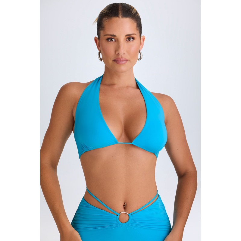 Plunge Hardware-Detail Halterneck Crop Top in Aqua Blue
