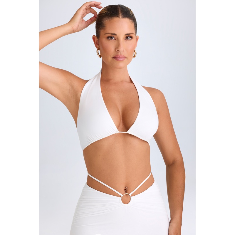Plunge Hardware-Detail Halterneck Crop Top in White