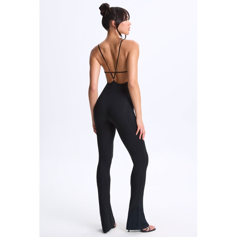Plunge Open-Back Flared Jumpsuit in Black