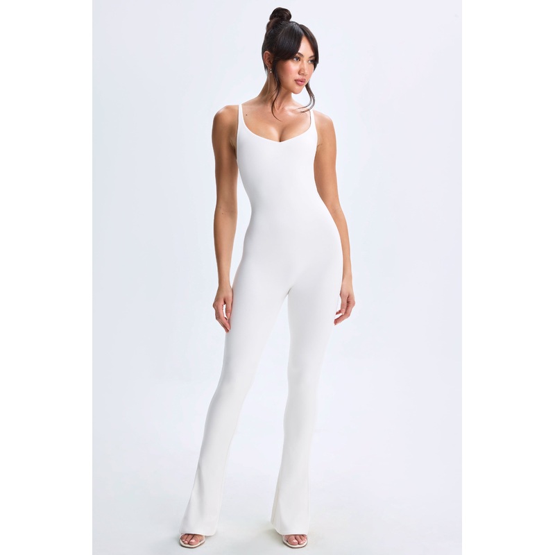 Plunge Open-Back Flared Jumpsuit in White