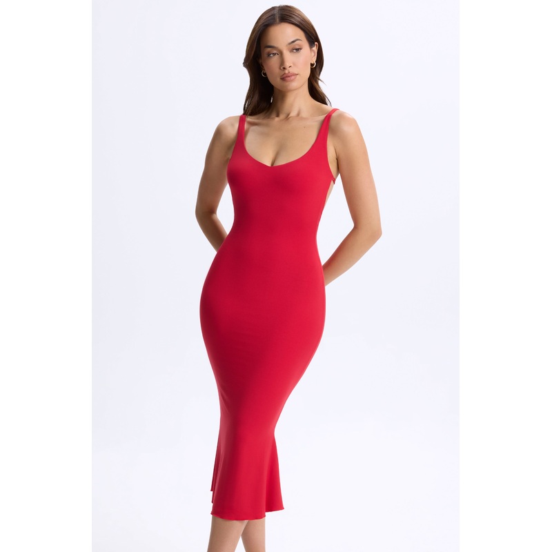 Plunge Open-Back Midaxi Dress in Cherry Red