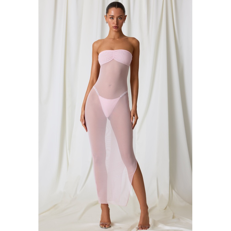 Ruched Bandeau Midi Dress in Soft Pink