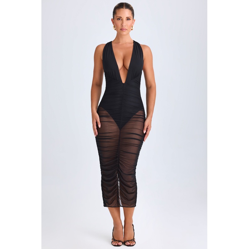 Ruched Plunge Midaxi Dress in Black