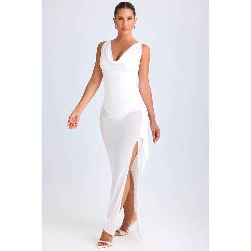 Ruffle-Trim Cowl-Neck Midaxi Dress in White