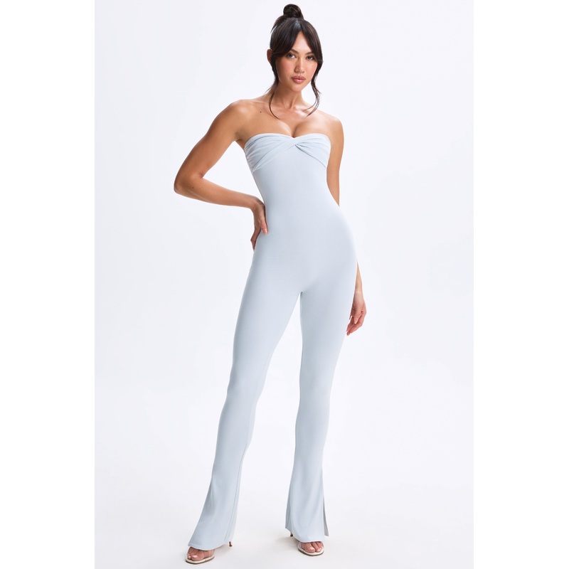 Twist-Front Split Hem Flared Jumpsuit in Dusty Blue