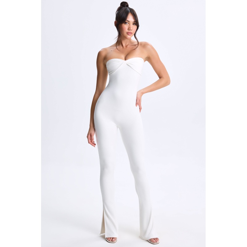Twist-Front Split Hem Flared Jumpsuit in White