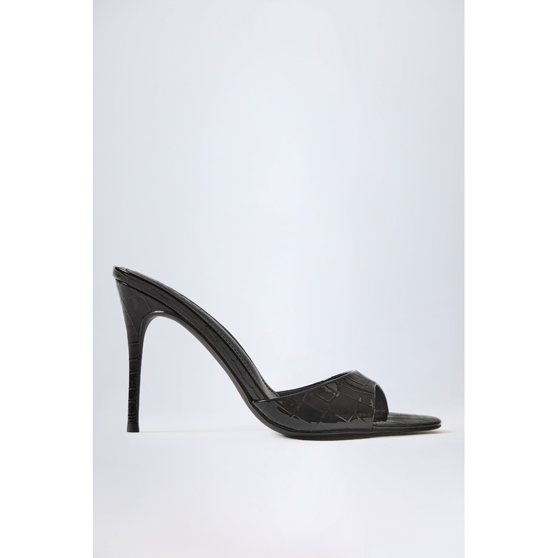 Almond-Toe Heeled Mules in Croc Patent Black