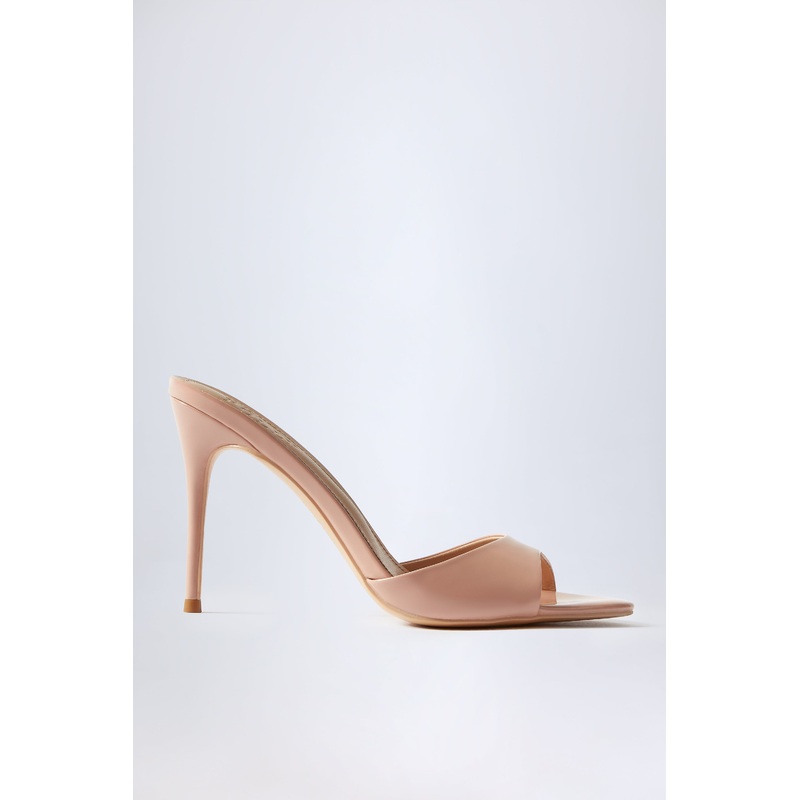 Almond-Toe Heeled Mules in Patent Pink